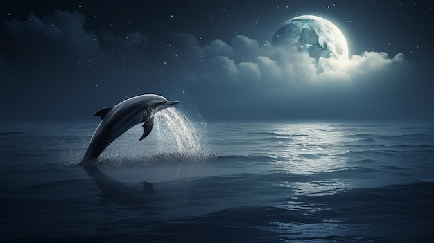 Delfino che salta fuori dal mare al tramonto ai generativo