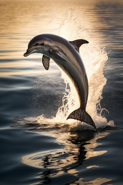 Delfino che salta fuori dall'acqua con la bocca aperta