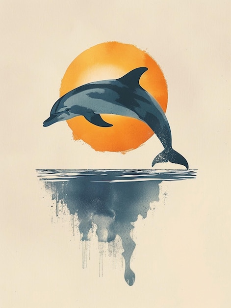 delfino che salta fuori dall'acqua con un sole sullo sfondo generativo ai