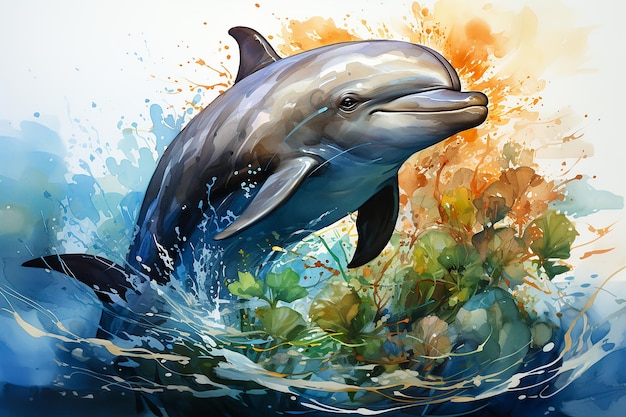 Delfino che salta in acqua disegnata con acquerello