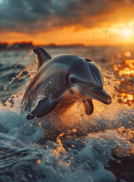 Delfino che salta in mare contro il tramonto
