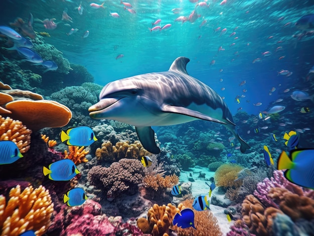 Delfino con gruppo di pesci colorati e animali marini con coralli colorati sott'acqua nell'oceano