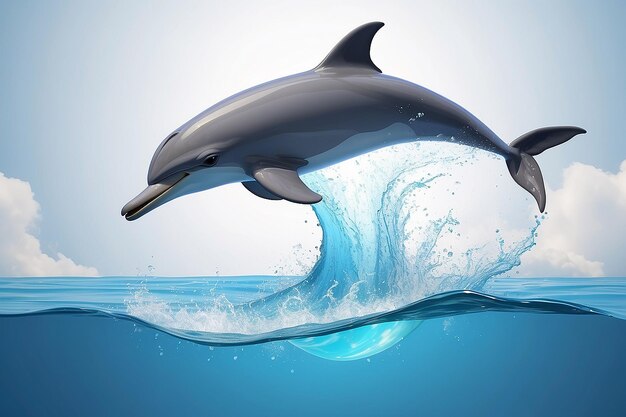 Delfino dei cartoni animati che salta in aria con la bocca aperta