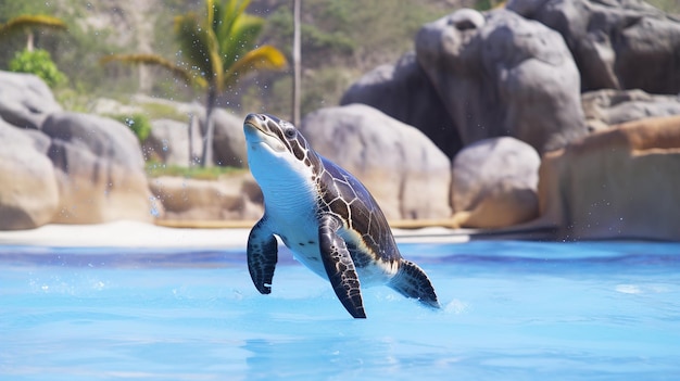 Delfino in acqua Pesce nell'oceano che salta Pesce felice e amichevole