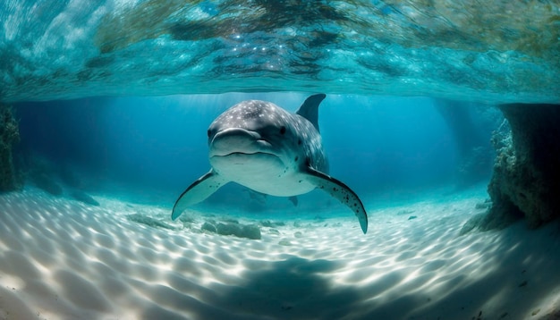 Delfino sott'acqua su sfondo blu oceano che ti guarda ai generativo