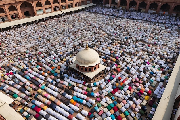 DELHI INDIA 5 GIUNE 2019 Veduta aerea dei devoti alla preghiera durante l'Eid al-Fitr