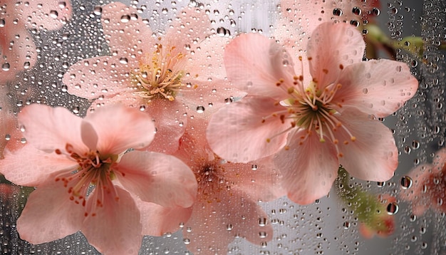 delicata bellezza di fiori rosa chiaro riflessi su un vetro