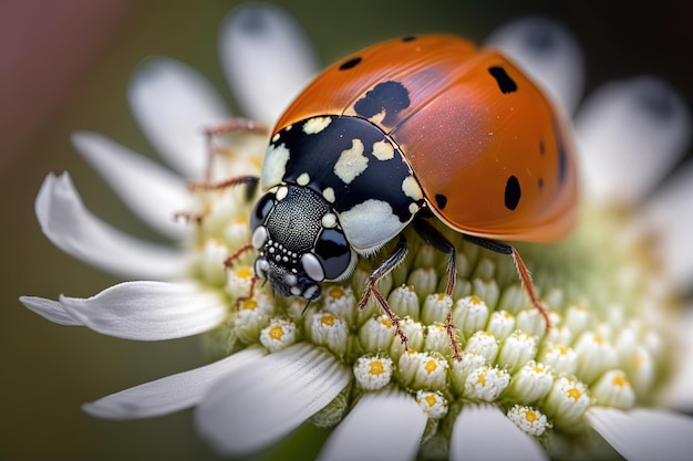 Delicata coccinella appoggiata su un fiore margherita bianca Semplice e affascinante che rappresenta la bellezza e la fragilità della natura IA generativa