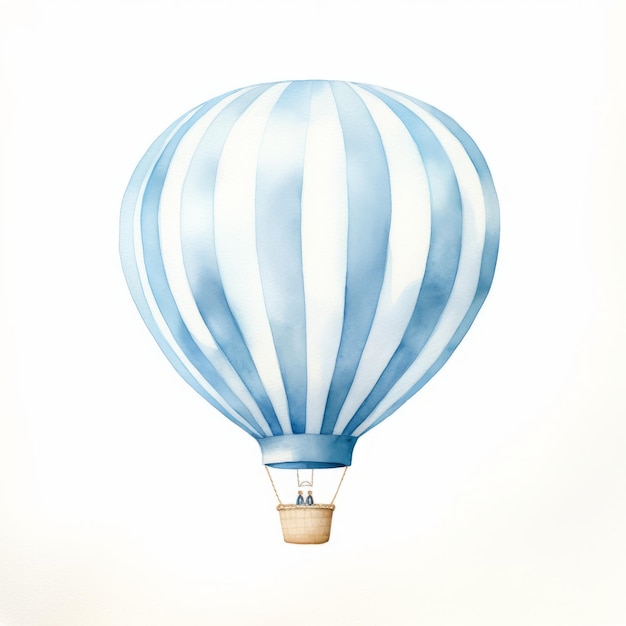 Delicata illustrazione ad acquerello di una mongolfiera a strisce blu chiaro
