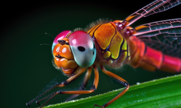 Delicata libellula appoggiata su un filo d'erba Creazione utilizzando strumenti di intelligenza artificiale generativa