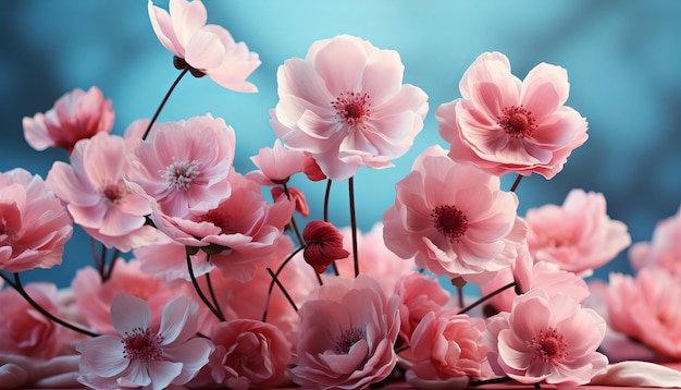 Delicatamente fiori rosa di anemoni all'aperto in primavera estate si chiudono su sfondo turchese