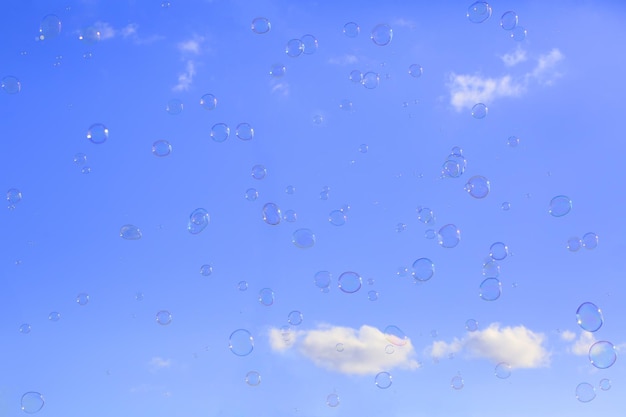 Delicate bolle di sapone che galleggiano in un cielo blu