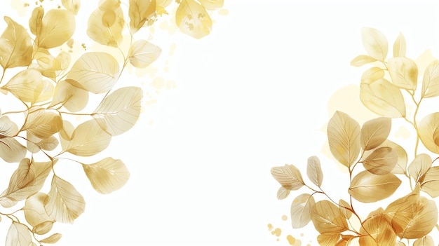 Delicate foglie e rami dorati con spruzzi di acquerello su uno sfondo bianco