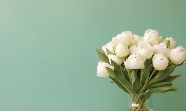 Delicate peonie su vaso su sfondo verde pastello Un mazzo di fiori Composizione floreale con copyspace vuoto Concetto di festa della mamma Creato con strumenti di intelligenza artificiale generativa