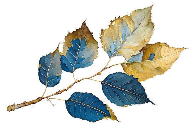 Delicate raffigurazioni ad acquerello di foglie di betulla blu e dorata
