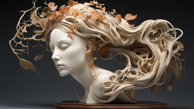 Delicate sculture di donne con i capelli lunghi e le foglie