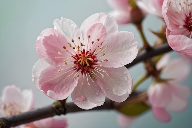 Delicati fiori di ciliegio con gocce di rugiada