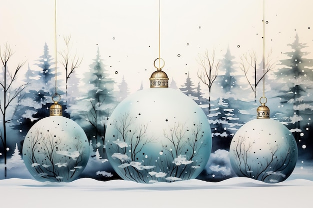 Delicati ornamenti natalizi ad acquerello incastonati tra paesaggi invernali innevati