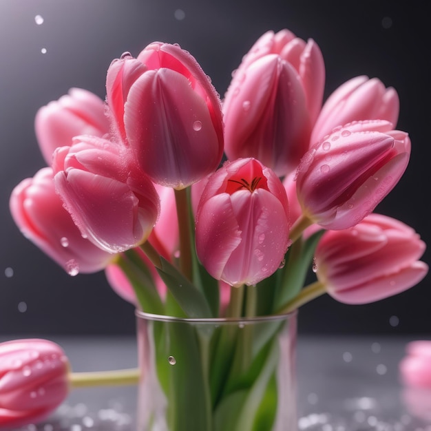 Delicati tulipani rosa con gocce d'acqua