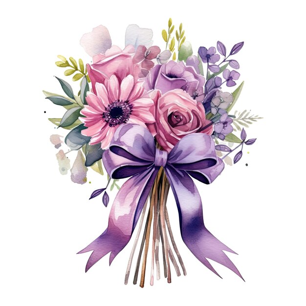 Delicato bouquet di fiori acquerello con un nastro legato intorno isolato