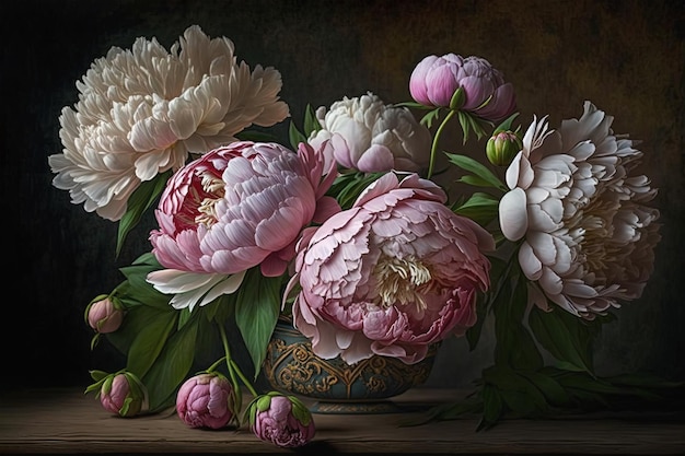 Delicato bouquet di peonie Lussuosi fiori su sfondo scuro AI