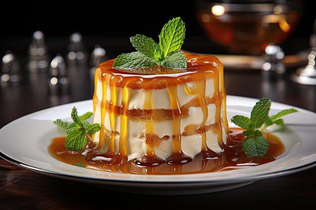 Delicato budino al caramello decorato con menta fresca generativa IA