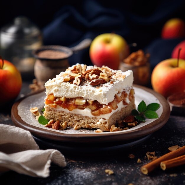 Delici casserole con mele, crema di formaggio e noci macinate su uno sfondo blu scuro, cottura a casa