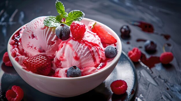 Delici ciotole di gelato alla fragola con bacche fresche e menta Perfetti per i dessert Menu o tratto estivo Stylish Dark Background Indulgente Texture Visual AI