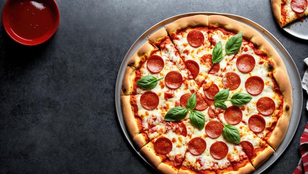 Delici pizza al pepperoni e ingredienti per la cottura del pomodoro al basilico su uno sfondo di cemento nero