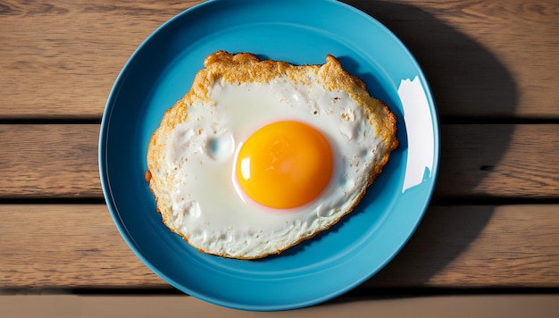 Delici uova di pollo fritte su un piatto blu su una panchina di legno generativa Ai