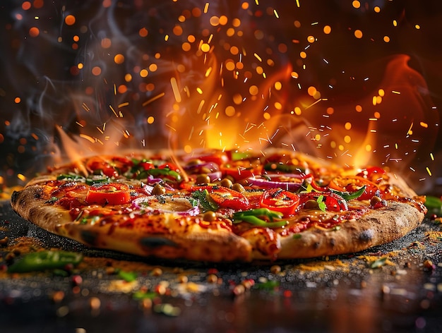 Delicia pizza fotografia esplosione sapori studio illuminazione studio sfondo ben illuminato colori vivaci focalizzazione acuta alta qualità artistica unica