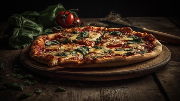Delicia pizza su una tavola di legno con sfondo nero