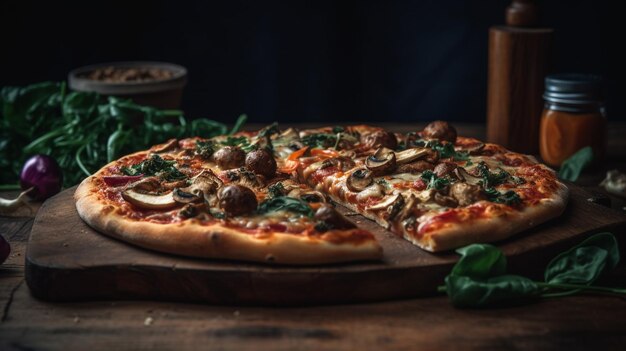 Delicia pizza su una tavola di legno con sfondo nero