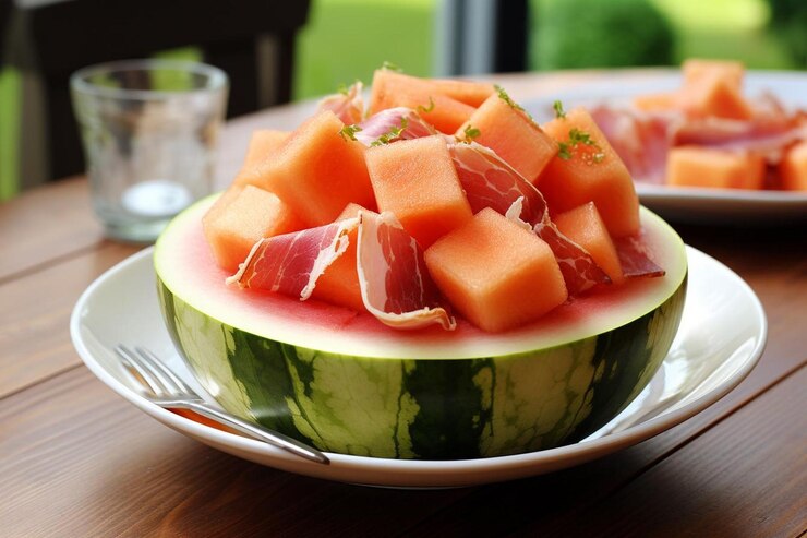 Foto deliciosa combinazione di melone e prosciutto e fotografia alimentare di melone