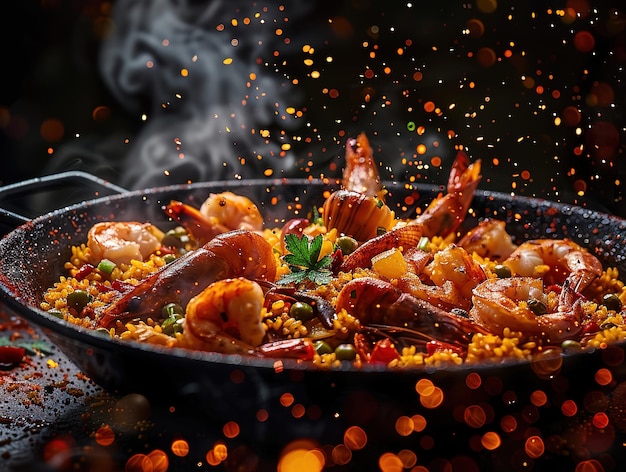 Deliciosa paella fotografia esplosione sapori studio illuminazione studio sfondo ben illuminato colori vivaci focalizzazione acuta qualità artistica unica