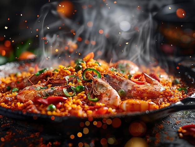 Deliciosa paella fotografia esplosione sapori studio illuminazione studio sfondo ben illuminato colori vivaci focalizzazione acuta qualità artistica unica