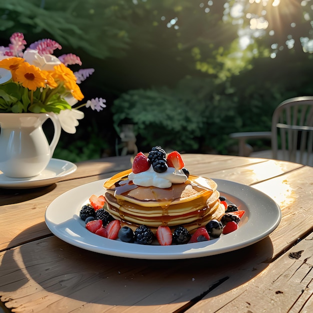 Delicioso prato de panquecas con frutas e calda