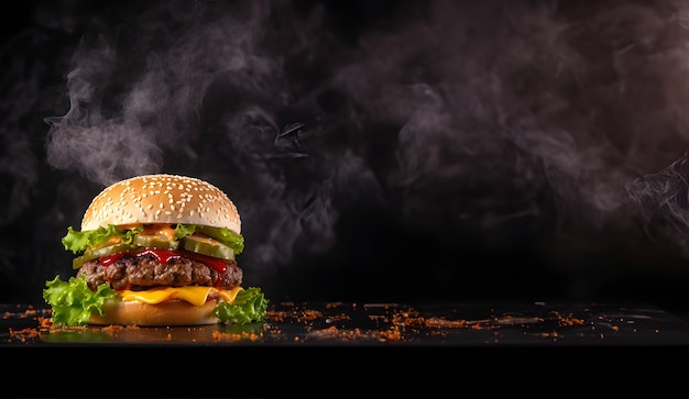 Delicious Burger con sfondo nero banner pubblicitario di fast food spazio di copia per offerta di sconto