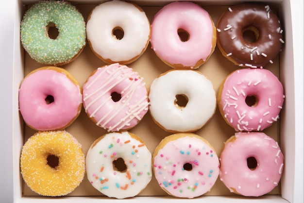 Delicious Dozen Donuts in a Box Top View of Popular Glazed Sweet Treats on American Baked