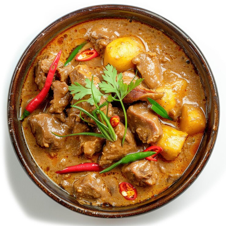 Delicious fresh Massaman Curry beautiful serving isolated on white background