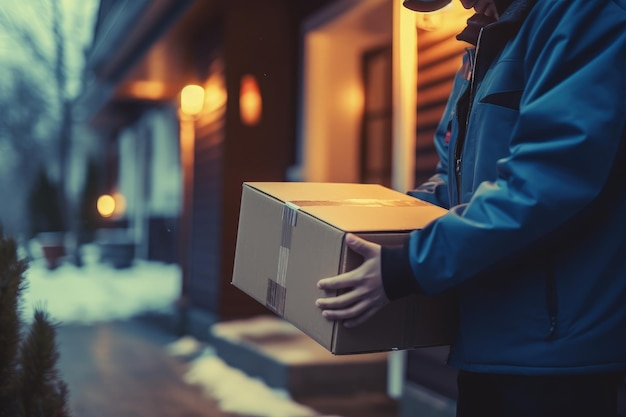 Delivery man con scatola di cartone consegna e concetto logistico IA generativa