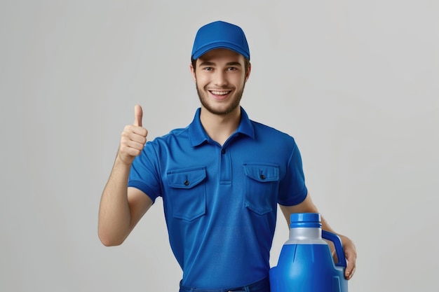 Deliveryman in uniforme blu che porta un gallone d'acqua e mostra un pollice in alto