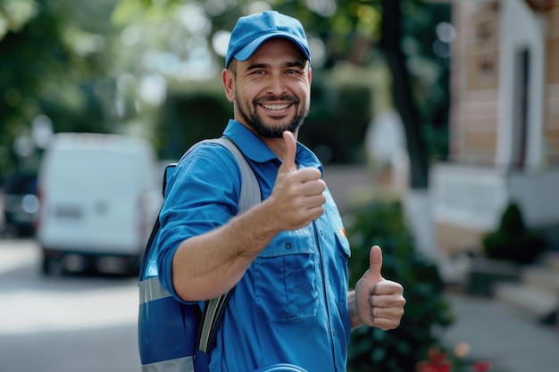 Deliveryman in uniforme blu che porta un gallone d'acqua e mostra un pollice in alto