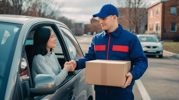 Deliveryman in uniforme dà un pacco al destinatario femminile al servizio di consegna in auto