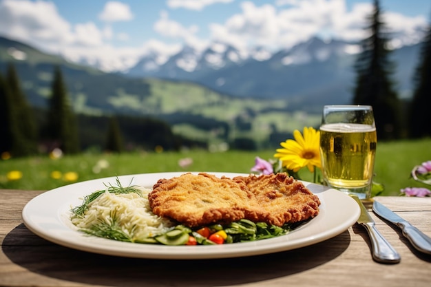 Delizia alpina Wiener Schnitzel su piatto vintage