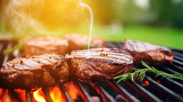 Delizia culinaria all'aperto carne alla griglia su una griglia barbecue in fiamme