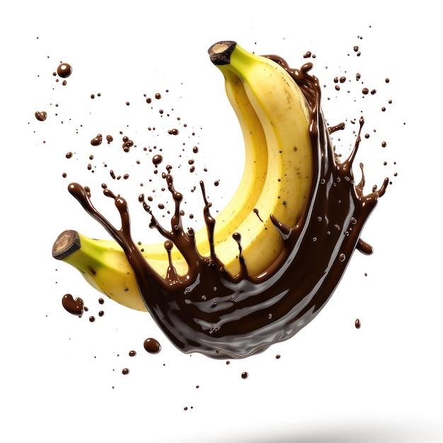 Delizia del cioccolato Cioccolato scuro e banana si scontrano in un delizioso splash su bianco