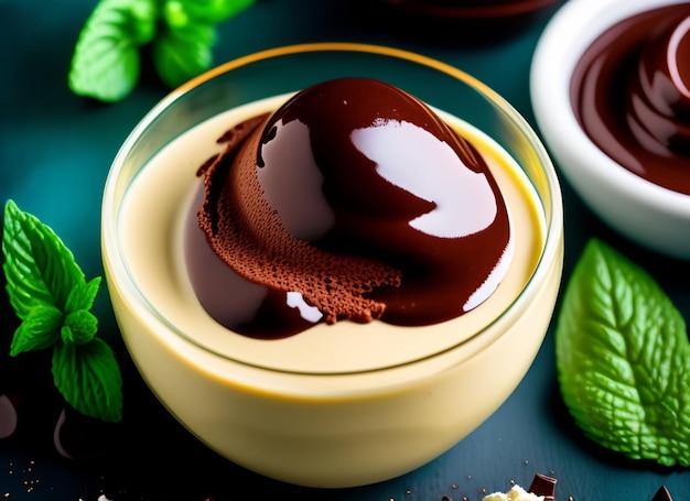 Delizia di gelato allettante con deliziosa salsa al cioccolato e foglie di menta fresca Opera d'arte generata da Ai