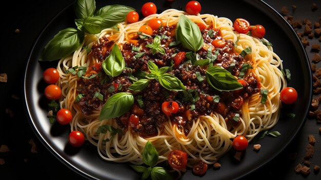 Delizia di pasta salata Ragù alla bolognese con basilico fresco e pomodori