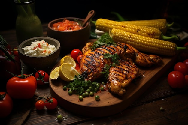 Delizia di pollo alla griglia, banchetto salato con mais e ingredienti freschi